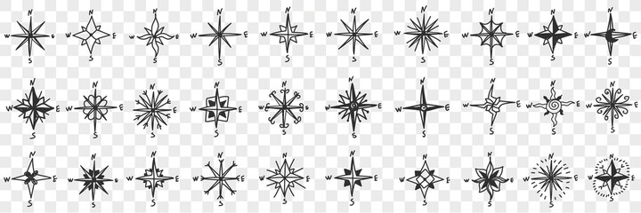 Cardinal points on compass doodle set. Collection of hand drawn patterns of north south west and east showing cardinal points for orienteering with compass isolated on transparent background - obrazy, fototapety, plakaty