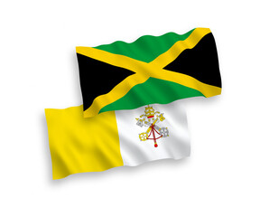 National vector fabric wave flags of Jamaica and Vatican isolated on white background. 1 to 2 proportion.