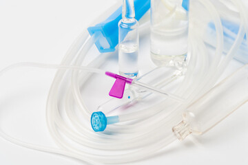 Intravenous syringes and injections on a pure white background