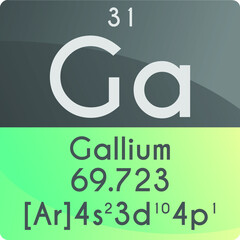 Ga Gallium Post transition metal Chemical Element Periodic Table. Square vector illustration, colorful clean style Icon with molar mass, electron config. and atomic number for Lab, science class