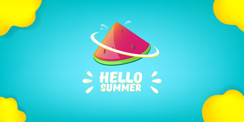 Vector Hello Summer Beach Party horizontal banner Design template with fresh watermelon slice isolated on azure background. Hello summer concept label or poster with fruit and typographic text.