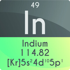 In Indium Post transition metal Chemical Element Periodic Table. Square vector illustration, colorful clean style Icon with molar mass, electron config. and atomic number for Lab, science or chemistry
