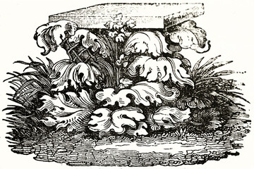 Obraz premium Acanthus leaves growing around a covered basket creating the idea of Corinthian capital. Ancient grey tone etching style art by unidentified author, Magasin Pittoresque, 1838