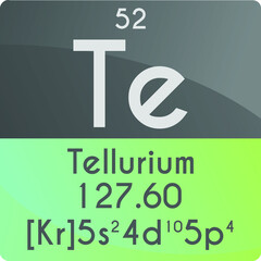 Te Tellurium Metalloid Chemical Element Periodic Table. Square vector illustration, colorful clean style Icon with molar mass, electron config. and atomic number for Lab, science or chemistry