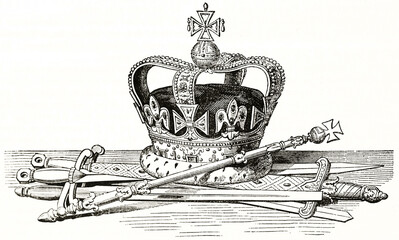 Saint Edward's crown, scepter and elegant daggers placed on a wooden surface. Ancient grey tone etching style hyper detailed art by unidentified author, Magasin Pittoresque, 1838 © Mannaggia