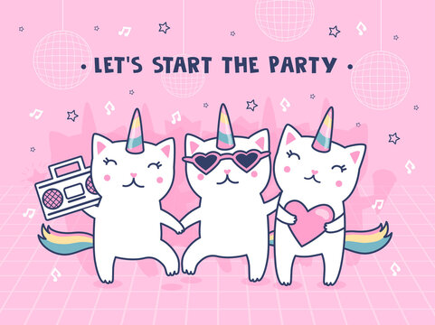 Cover design with unicorn cats. Cute dancing baby caticorns with rainbow tails vector illustrations with text on pink backgrounds. Party and fun concept for poster, website or webpage background