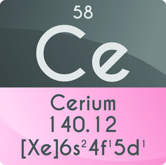 Ce Cerium Lanthanide Chemical Element Periodic Table. Square vector illustration, colorful clean style Icon with molar mass, electron config. and atomic number for Lab, science or chemistry education.