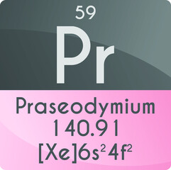 Pr Praseodymium Lanthanide Chemical Element Periodic Table. Square vector illustration, colorful clean style Icon with molar mass, electron config. and atomic number for Lab, science or chemistry