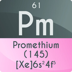 Pm Promethium Lanthanide Chemical Element Periodic Table. Square vector illustration, colorful clean style Icon with molar mass, electron config. and atomic number for Lab, science or chemistry