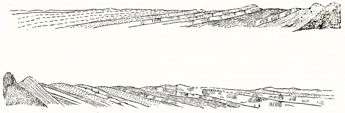 Two old horizontal oriented schematic illustrations depicting Earth's crust structure. Ancient black outline etching style art by unidentified author, Magasin Pittoresque, 1838