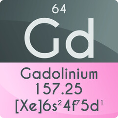 Gd Gadolinium Lanthanide Chemical Element Periodic Table. Square vector illustration, colorful clean style Icon with molar mass, electron config. and atomic number for Lab, science or chemistry