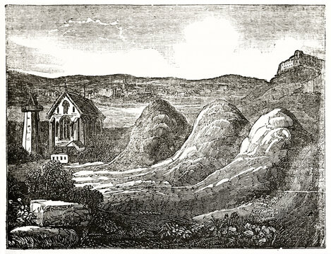 Gamla Uppsala grave field with mounds on a grey hilled sad landscape. Ancient grey tone etching style art by Auvray, Magasin Pittoresque, 1838
