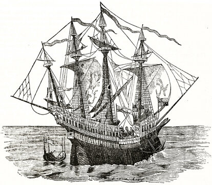 Henry Grace a Dieu (also known has Great Harry), 16th century carrack (great vessel) of the King's fleet. By unidentified author, published on Magasin Pittoresque, Paris, 1838
