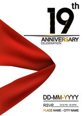 19 anniversary design with big red ribbon isolated on white background can be use for banner, greeting card, invitation and celebration moment