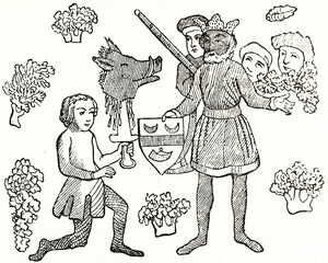 medieval iconic illustration of feudal investiture by the King. Ancient symbolic iconic style black and white art by unidentified author, Magasin Pittoresque, 1838