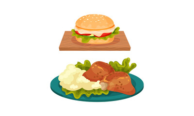 Meat Dishes with Hamburger and Fried Chicken with Mashed Potatoes Served on Plate Vector Set