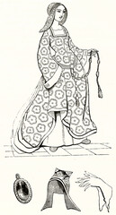 medieval lady wearing some facings and single isolated accessories: pendant, bonnet, gloves. Ancient grey tone etching style art by unidentified author, Magasin Pittoresque, 1838