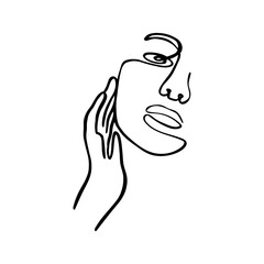 The contour silhouette of a woman with a hand near the face. Fashionable minimalist design. Vector illustration isolated on white background.