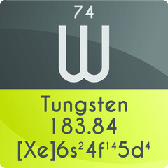 W Tungsten Transition metal Chemical Element Periodic Table. Square vector illustration, colorful clean style Icon with molar mass, electron config. and atomic number for Lab, science or chemistry