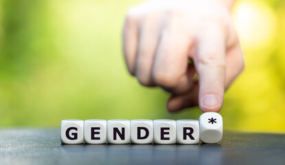 Symbol für eine gendergerechte Sprache. Würfel bilden den Ausdruck "Gender*".
