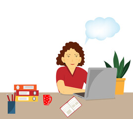 woman sitting at the table with laptop, teacher at online lesson, online conference, online education, work at home, vector, flat illustration