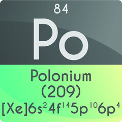 Po Polonium Post transition metal Chemical Element Periodic Table. Square vector illustration, colorful clean style Icon with molar mass, electron config. and atomic number for Lab, science class