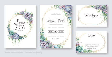 Fototapeta na wymiar Greenery, succulent and branches Wedding Invitation card, save the date, thank you, rsvp template. Vector.