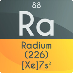 Ra Radium Alkaline earth metal Chemical Element Periodic Table. Square vector illustration, colorful clean style Icon with molar mass, electron config. and atomic number for Lab, science or chemistry 