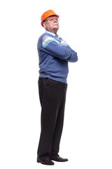 side view. a serious architect in a protective helmet looking ahead