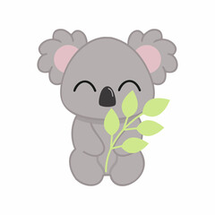 Cute koala with a green twig. Vector illustration in the cartoon style. The design to be printed on children's clothing.