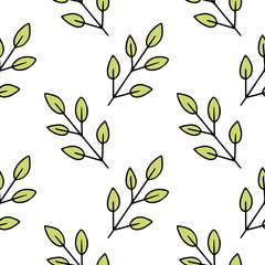 Endless background with green twigs. Spring flowers on a white background. Wallpaper for sewing clothes, printing on fabric and packaging paper.
