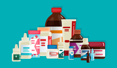 Pharmacy items. Medicines, medical products. Composition. Vector illustration in flat cartoon style.