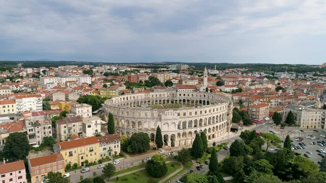 Aerial view of Pula Arena amphitheatre, downtown Pula, Istria, Croatia