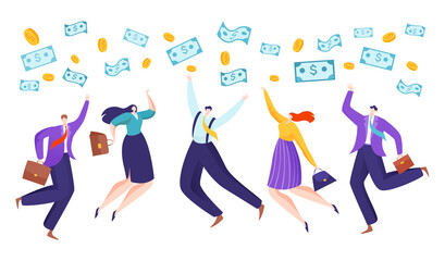 Successful business, happy people with cash, financial success, profitable business concept, cartoon style vector illustration. Happy lucky men and women, rich livelihood, rain money, great wealth.
