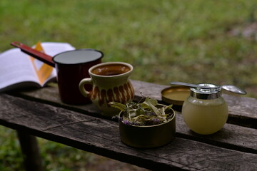 Natural herbal tea served with honey outside in nature along with a book. living a healthy life close to nature