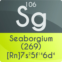 Sg Seaborgium Transition metal Chemical Element Periodic Table. Square vector illustration, colorful clean style Icon with molar mass, electron config. and atomic number for Lab, science or chemistry 