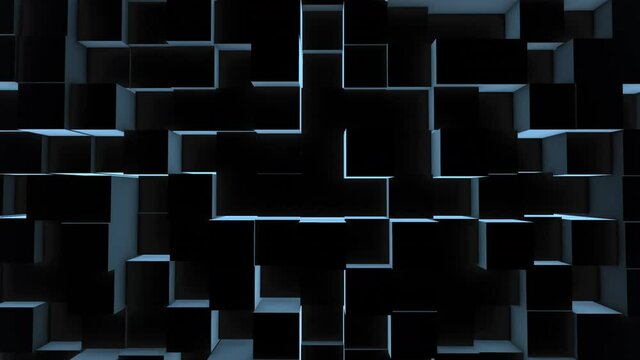 Abstract technology background for business presentations. Randomly moving cubes. Bright blue neon glow Seamless loop 3d render 4k