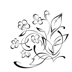 decorative element with blooming flowers on stems with leaves and curls in black lines on a white background