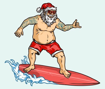 Tattooed Santa Claus in sunglasses surfing wave