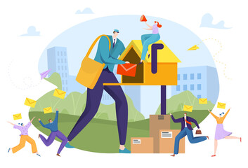 Vail marketing concept, e-mail delivery, digital message, internet business, mailbox, design cartoon style vector illustration. experienced man is postal doing his job, businessman receiving parcel.