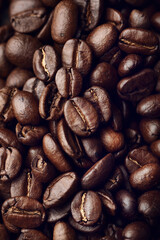 Food background made of roasted coffee beans. Overhead view, close up