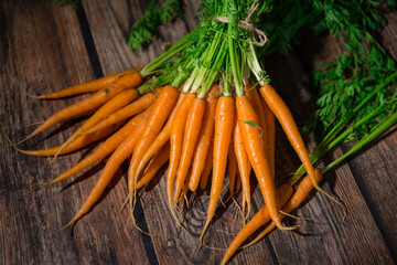 A bunch of young orange carrots with tops, on a wooden table close-up.