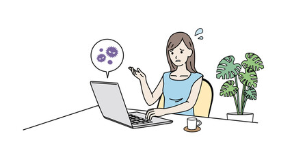 パソコンを使う女性　コンピュータウイルス　困る　イラスト素材