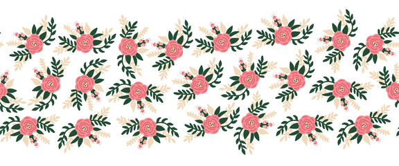 Fototapeta na wymiar Vector flat flowers seamless border horizontal. Romantic rose florals leaves old rose pink green color repeating pattern. Peony flowers hand drawn cute illustration for banners, fabric trim, footer.