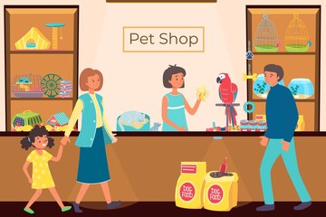 People in pet shop, store with animals, food for dogs, cute little cat, successful business, cartoon style vector illustration. Woman seller feeds parrot with banana, mom and girl came to shopping.