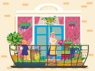 People take care plants on balcony, tiny potted garden, home gardening, healthy lifestyle, cartoon style vector illustration. Happy mother with joyful daughter watering flowers, growing indoor plants.