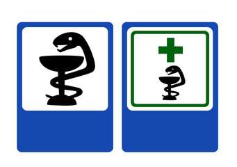 Road and Pharmacy information signs. Vector illustration.