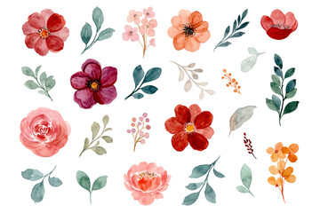 Collection of watercolor floral elements. hand drawn burgundy, brown and rose flowers and green leaves © Asrulaqroni