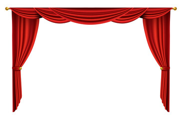 Red curtains realistic. Theater fabric silk decoration for movie cinema or opera hall. Curtains and draperies interior decoration object. Isolated on white for theater stage