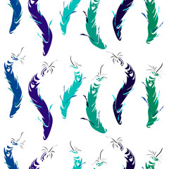 blue green feathers boho ethnic seamless pattern vector illustration